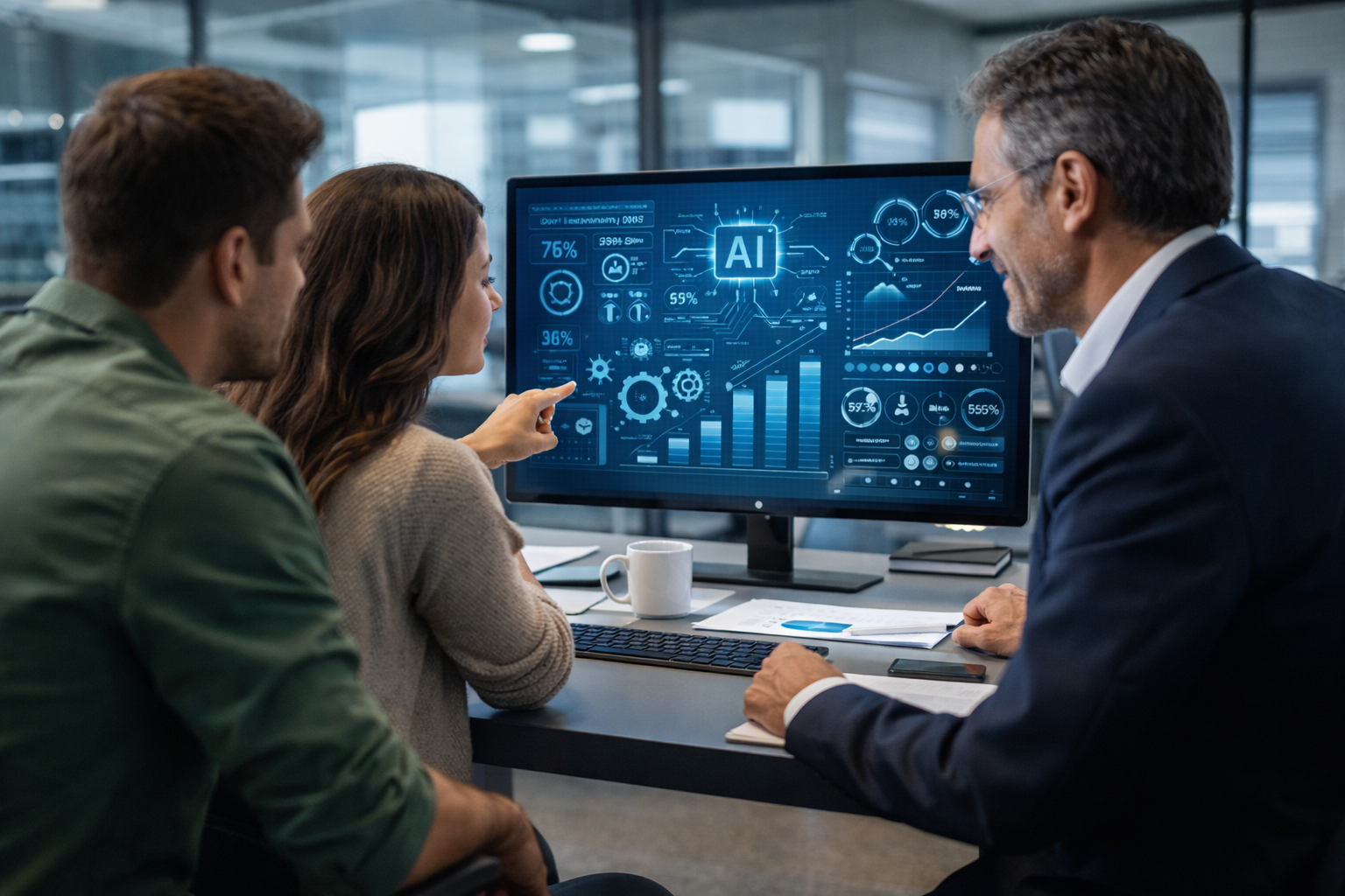 Team reviewing AI analytics dashboard