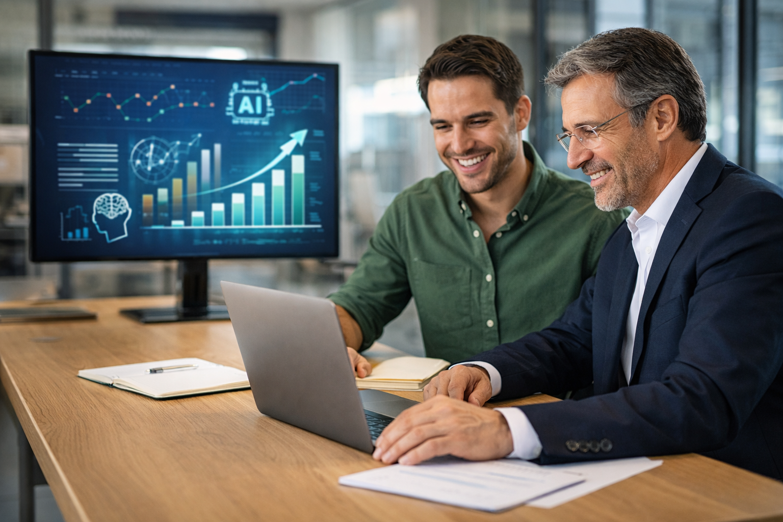 Business owner and consultant reviewing AI growth strategy